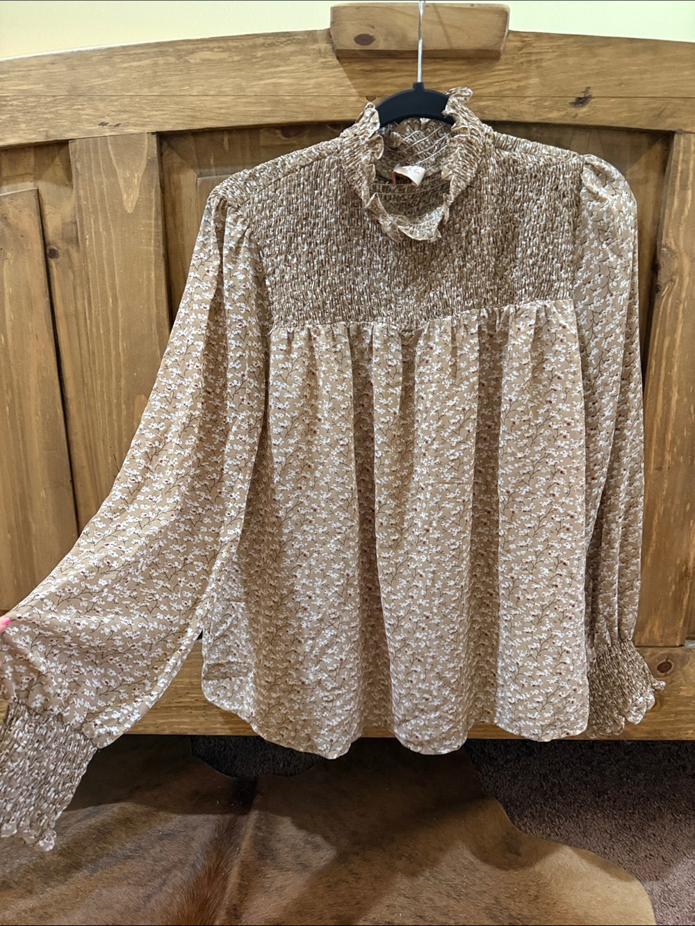 Smocked High-Neck Floral Blouse - Beige